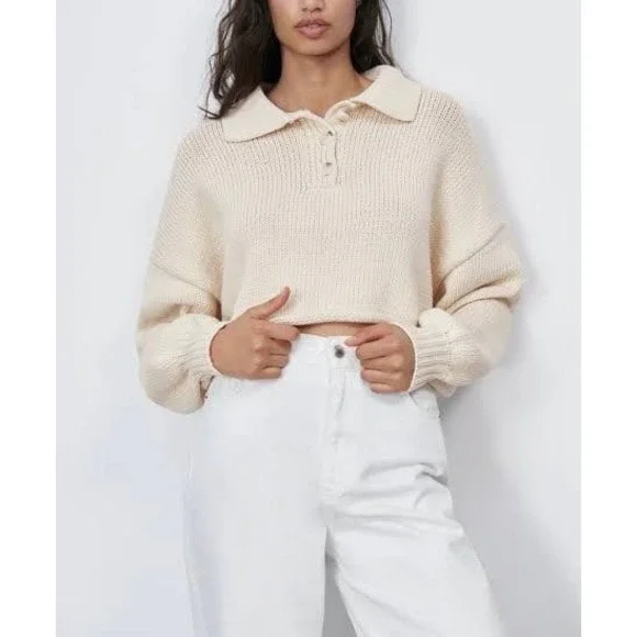 ZARA Cropped Polo Sweater Women Small Cream Relaxed Balloon Sleeve Casual Collar - Picture 2 of 15
